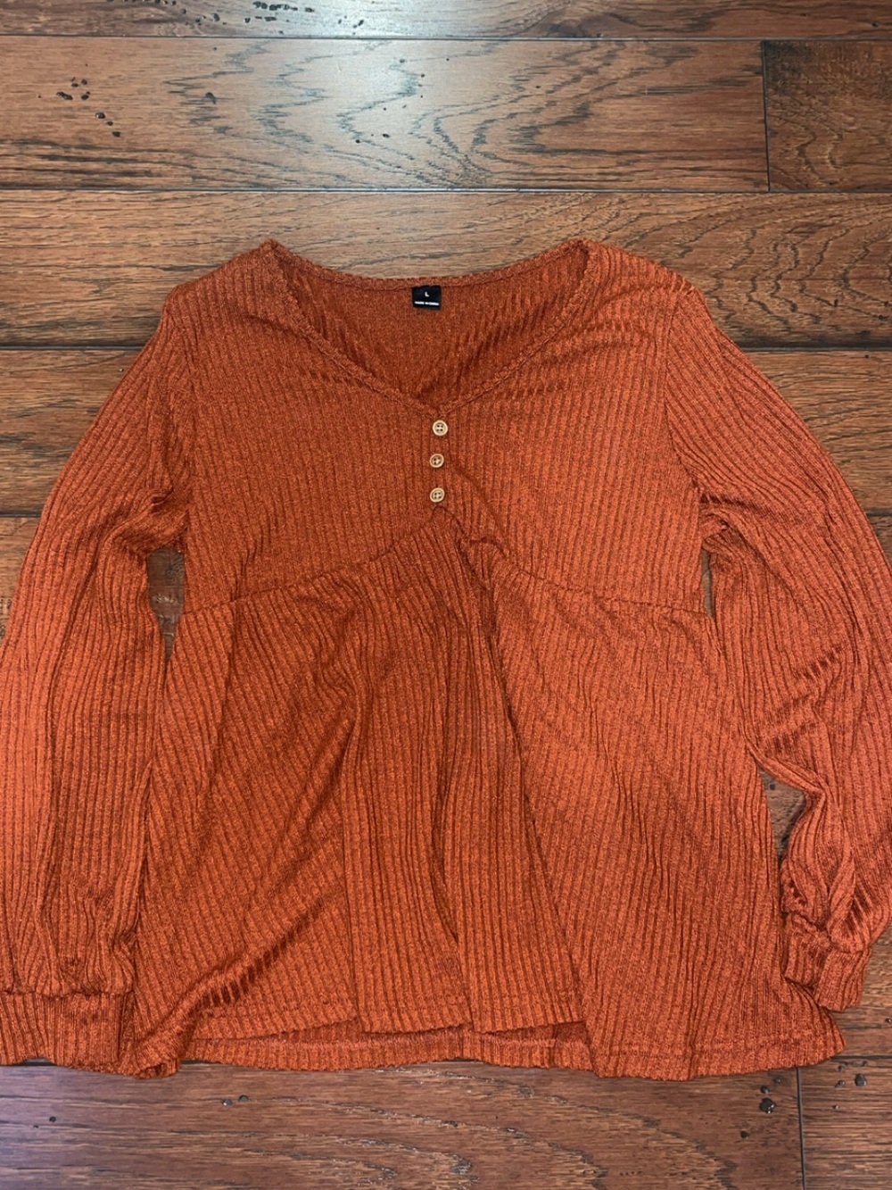Cozy Ribbed Long-Sleeve V-Neck Top in Rust - Worn as maternity shirt